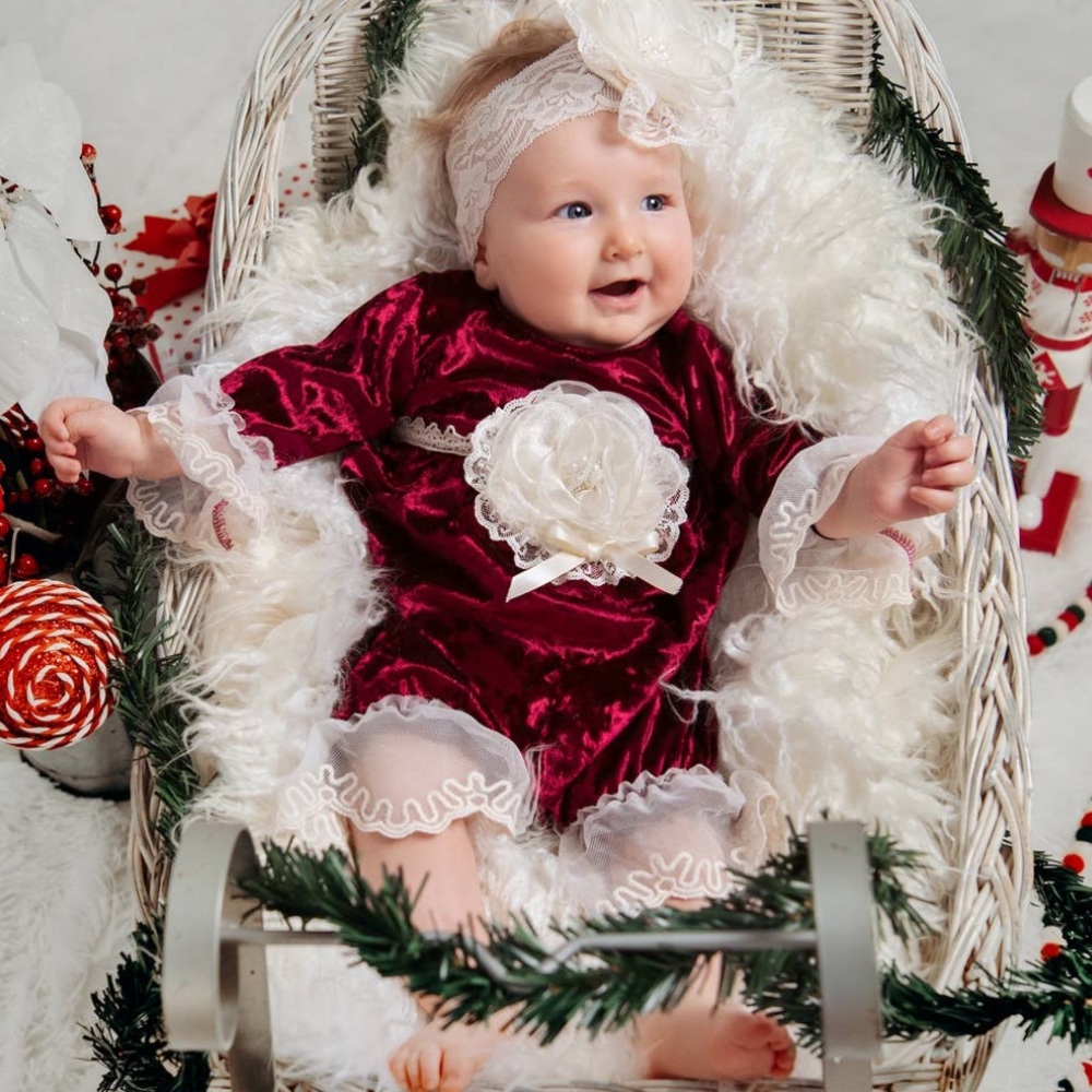 Baby Holiday Romper Crushed Velvet & Lace